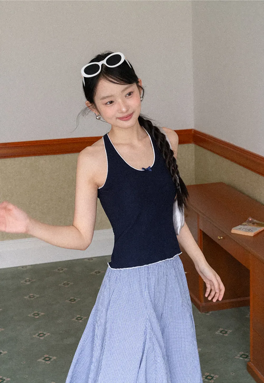 Gingham Pleated Flared Skirt