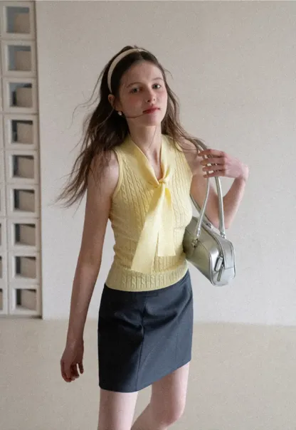 Knit Sleeveless Top with Front Bow Detail