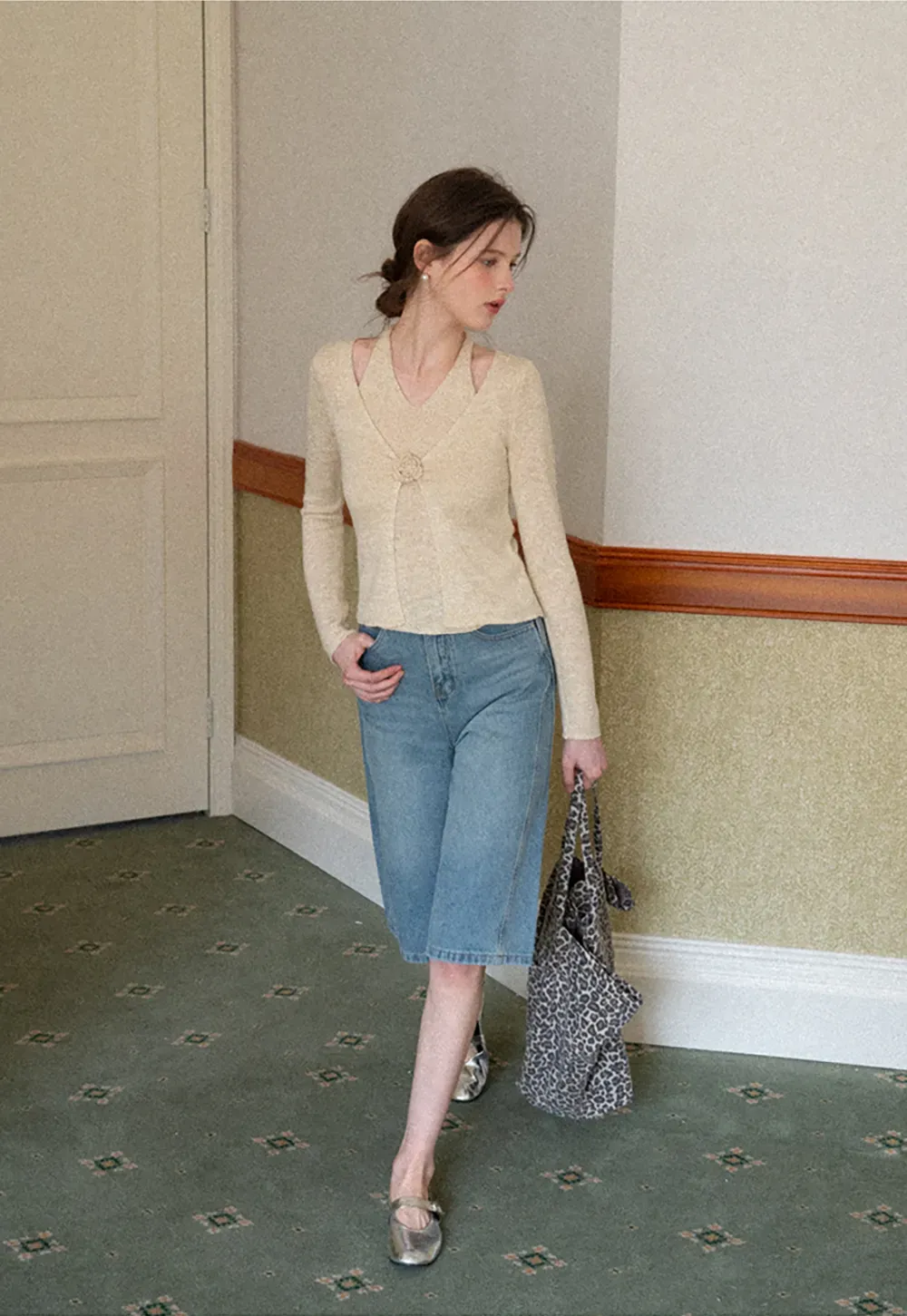 V Neck Knit Sweater with Floral Button Detail