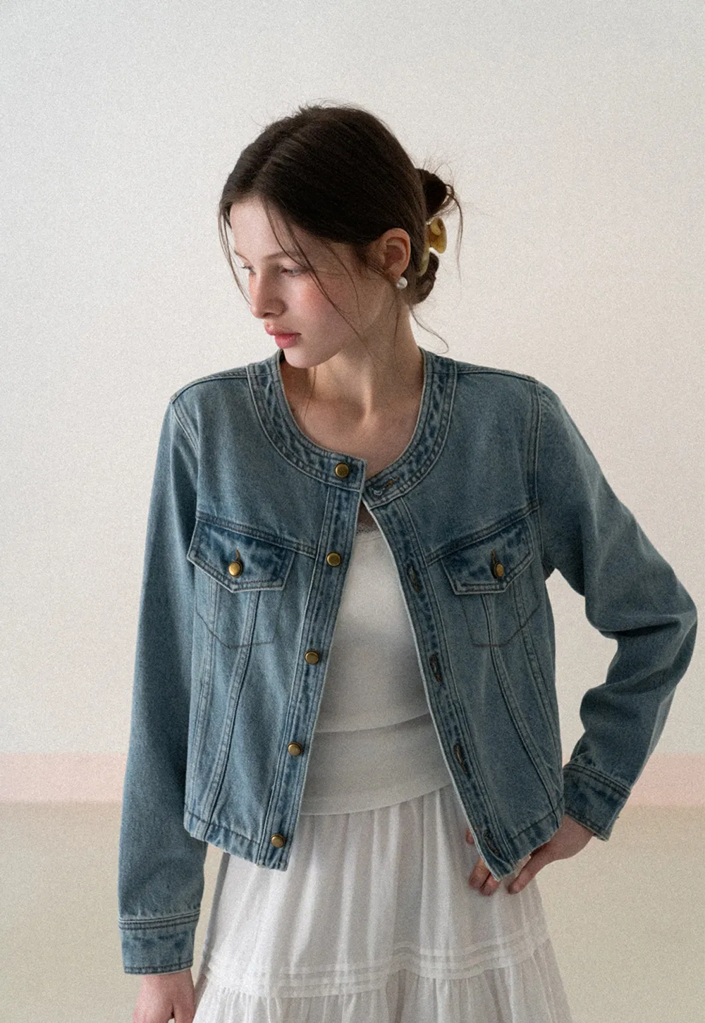 Denim short jacket with button front and chest pockets