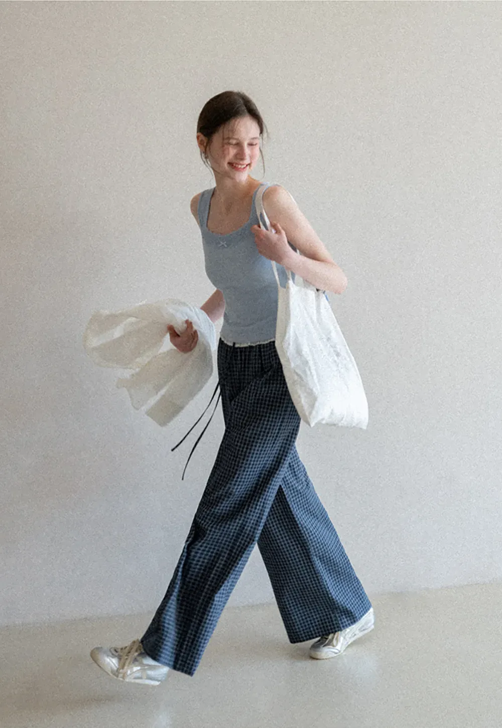 Wide Leg Plaid Casual Pants with Ruffled Waistband