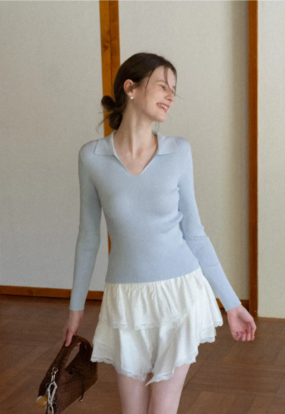 Ribbed Knit Long Sleeve Polo Neck Sweater