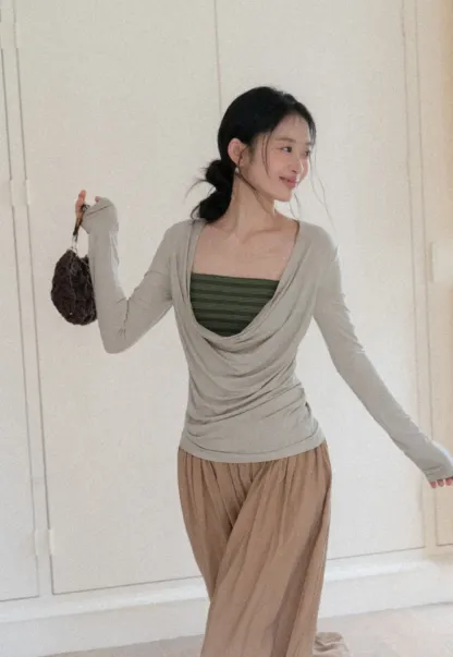 Long sleeve draped neckline top with square cutout