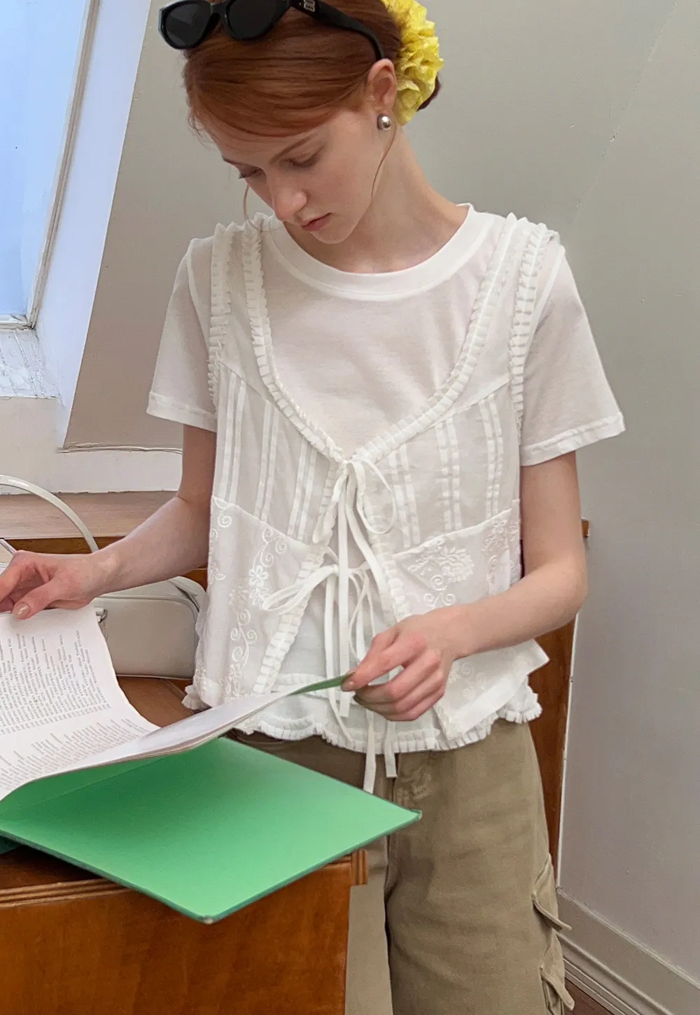 Women’s White Ruffle-Tiered Tie Shirts