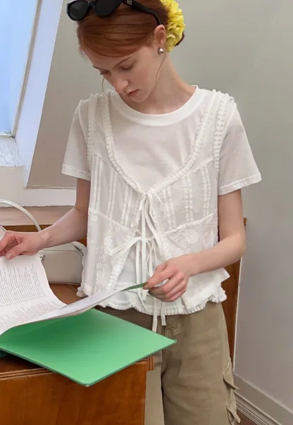 Women’s White Ruffle-Tiered Tie Shirts