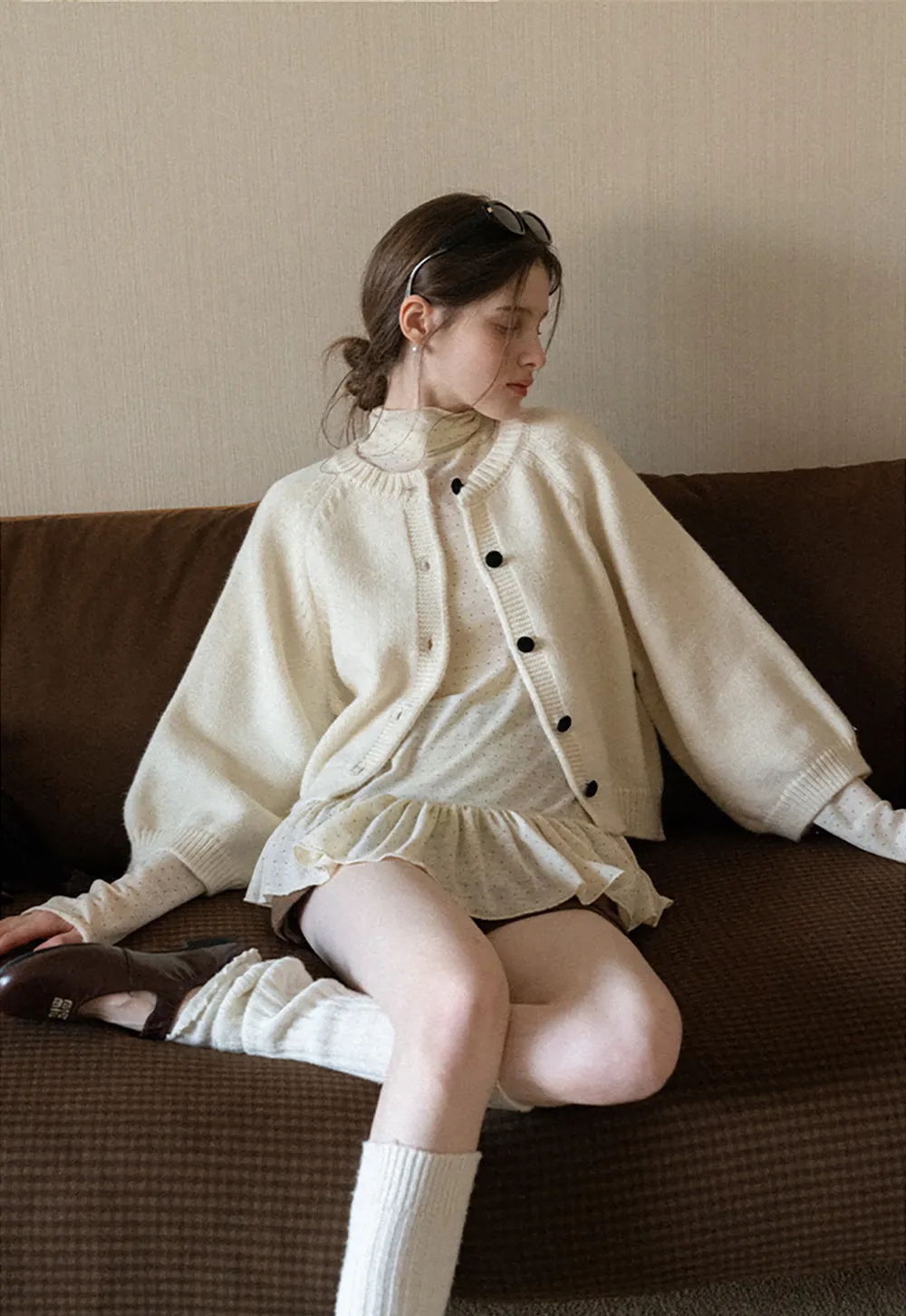 floral dot long sleeve top with ruffle hem