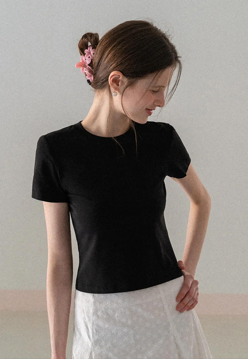 Short Sleeve Crew Neck T Shirt with Sheer Scarf Detail