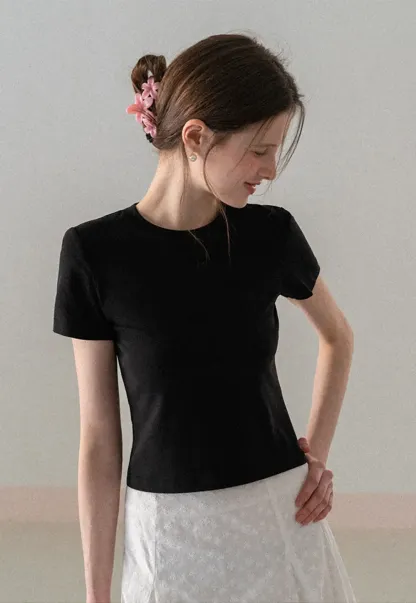 Short Sleeve Crew Neck T Shirt with Sheer Scarf Detail