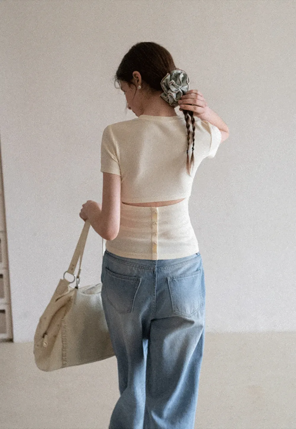 Short Sleeve Crop Top with Back Buttons