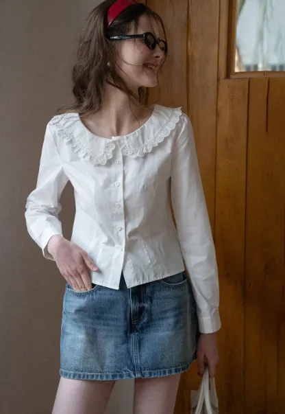 Long sleeve button front shirt with lace collar