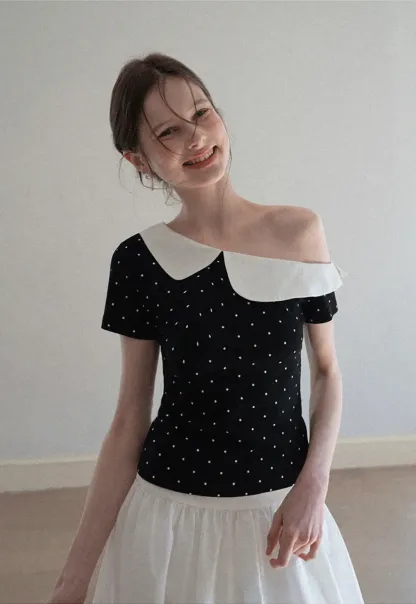 Polka dot short sleeve top with Peter Pan collar
