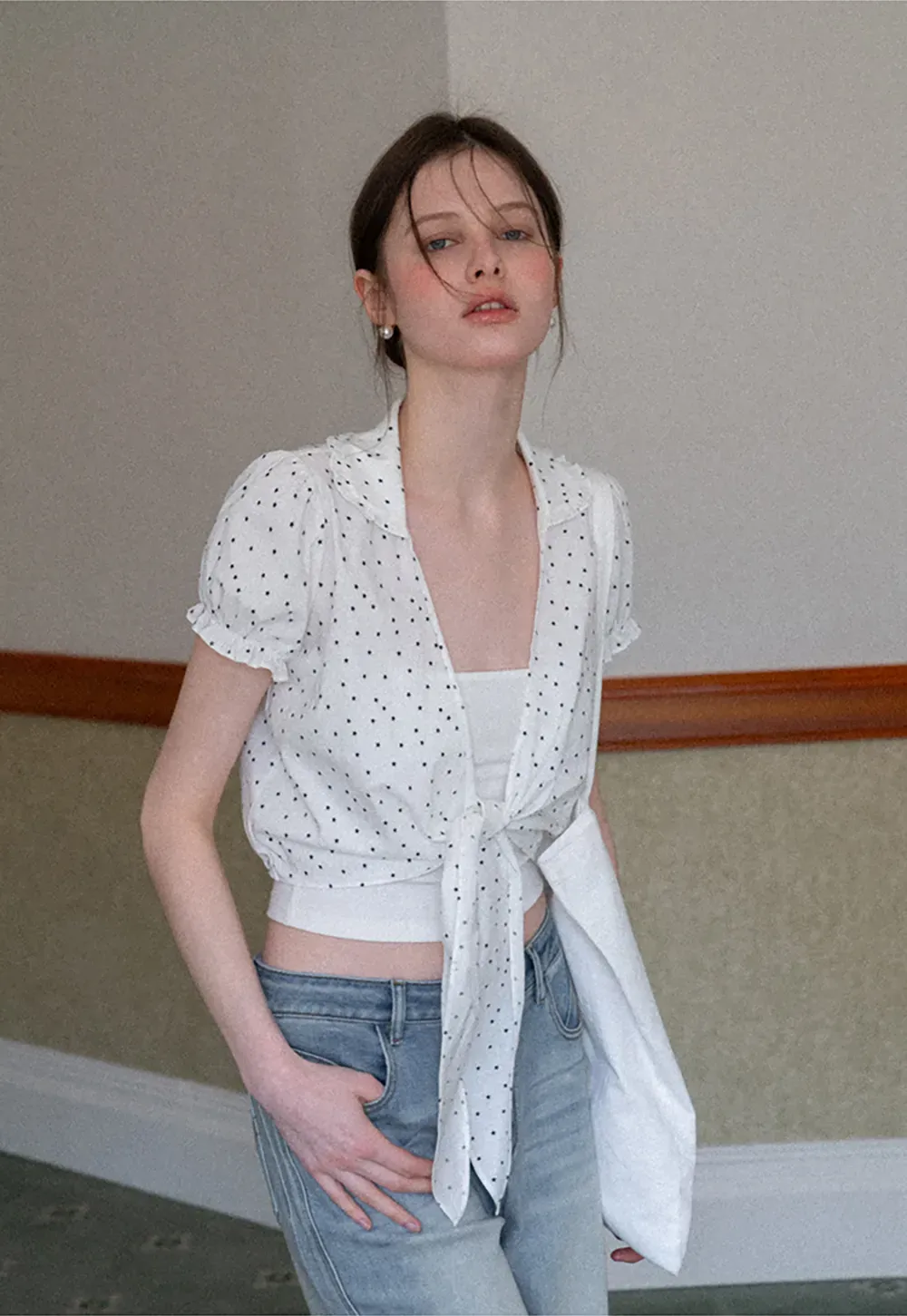 Polka dot short sleeve shirt with front tie detail