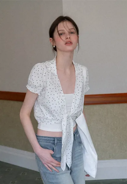 Polka dot short sleeve shirt with front tie detail