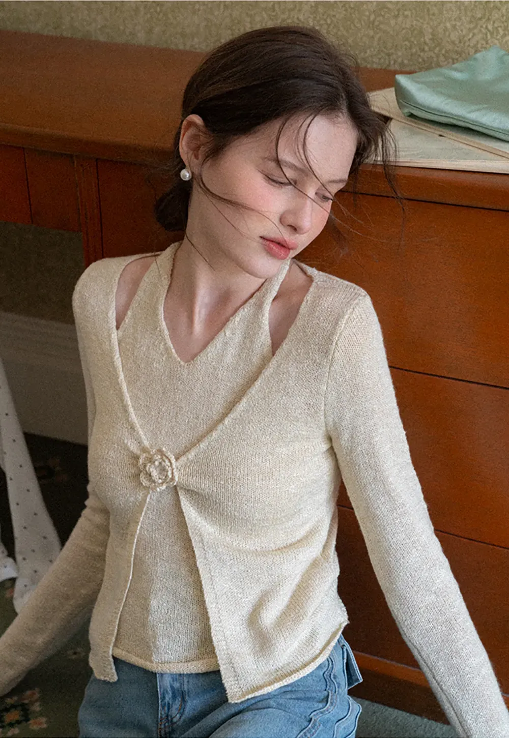 V Neck Knit Sweater with Floral Button Detail