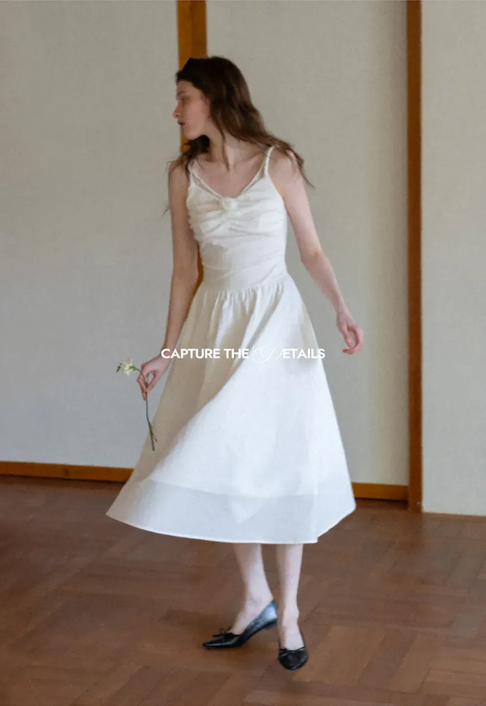 Sleeveless V Neck Midi Dress with Ruched Bodice