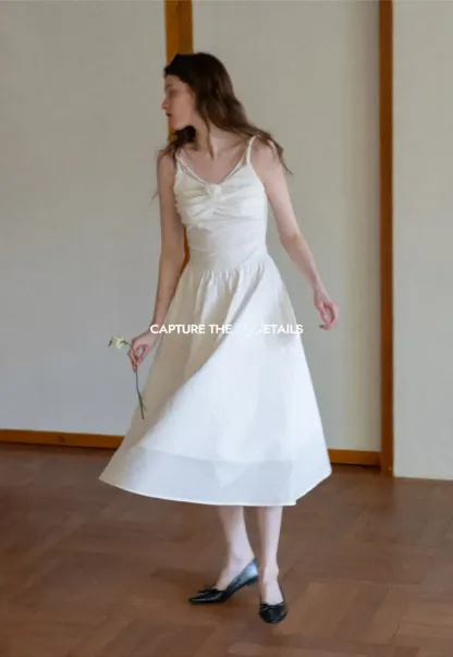 Sleeveless V Neck Midi Dress with Ruched Bodice