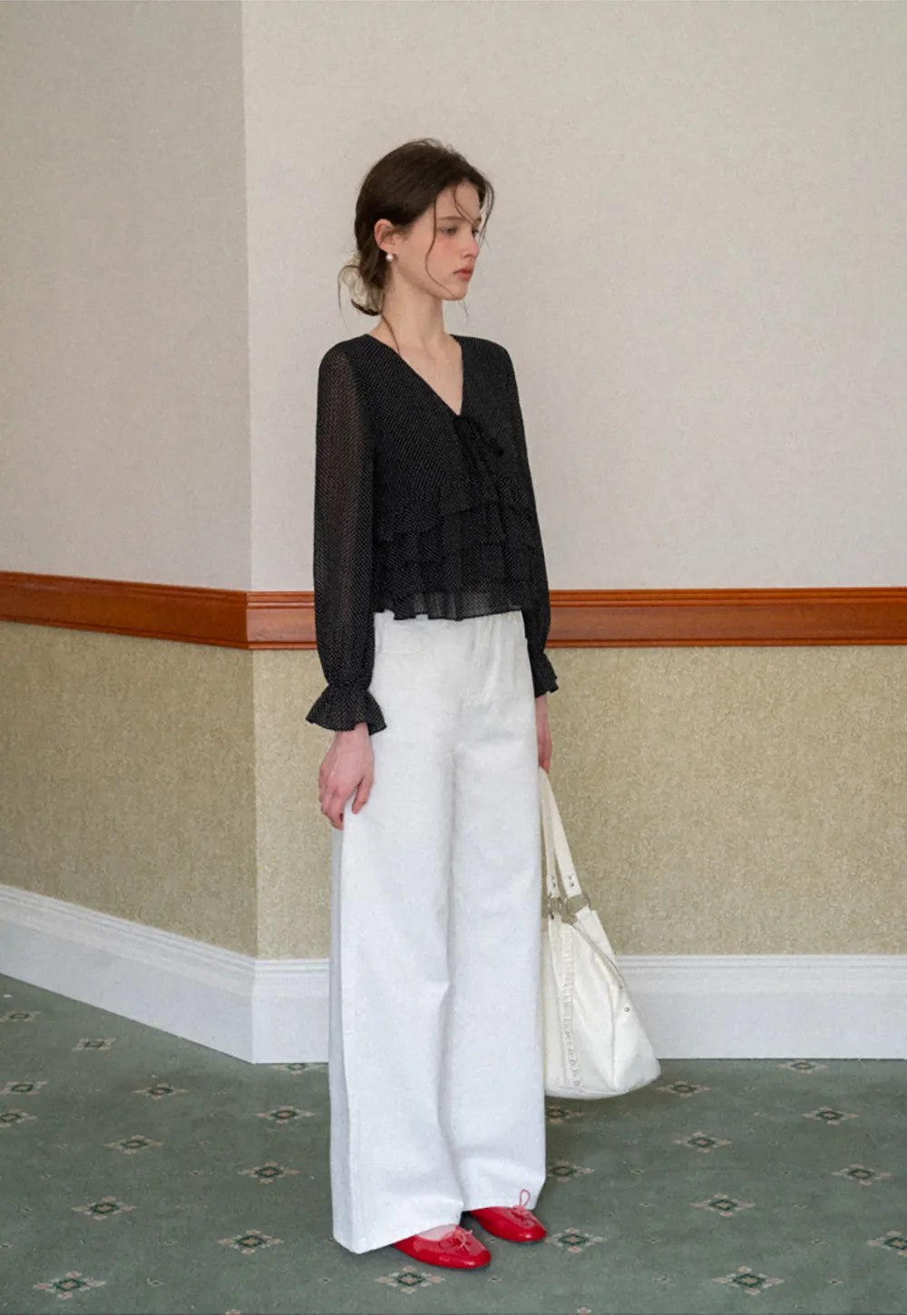 Polka Dot Sheer Blouse with Ruffled Hem and Tie Neck