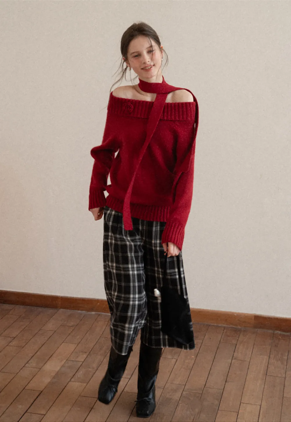 Elegant High Neck Knit Sweater with Tie Detail