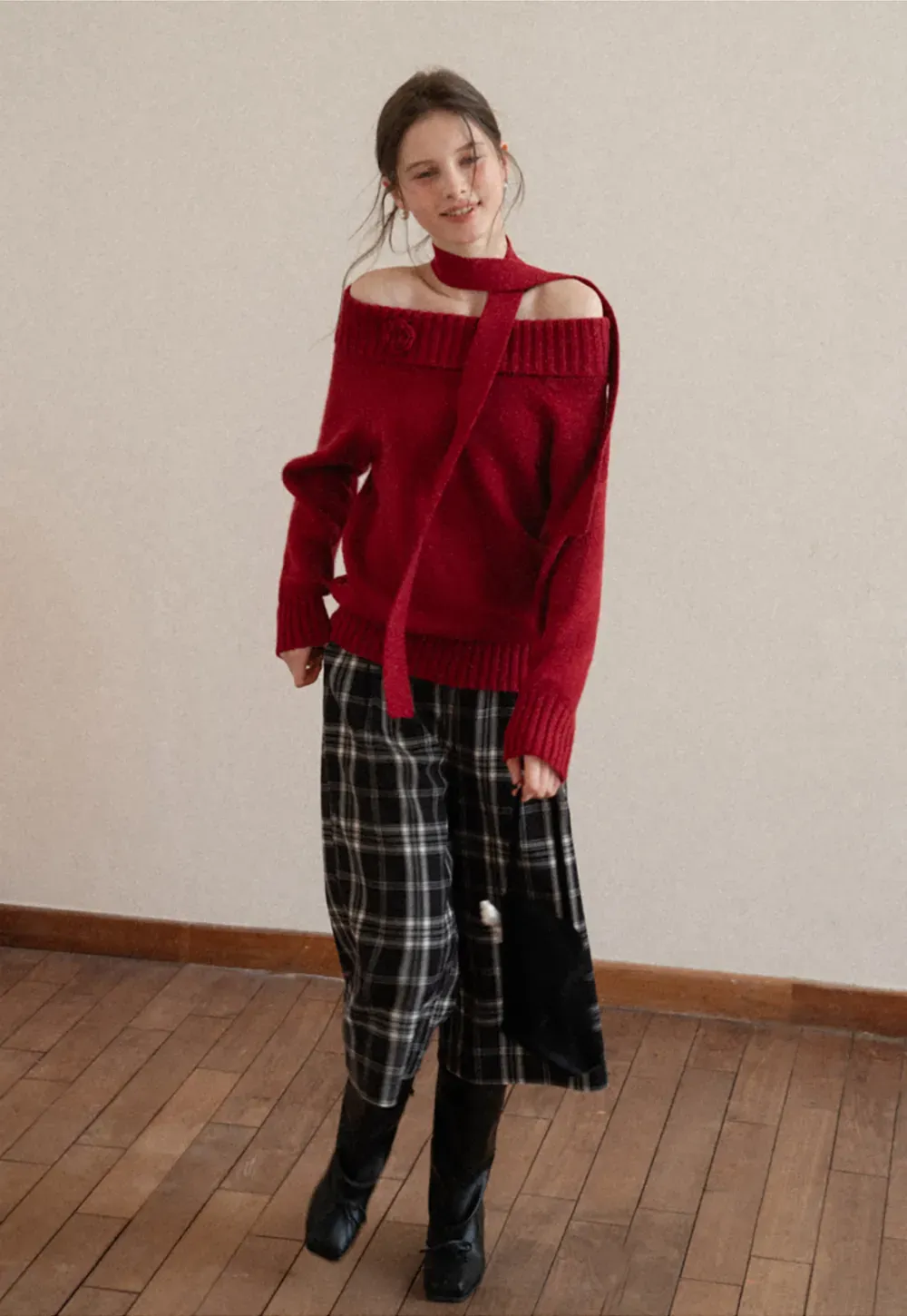 Elegant High Neck Knit Sweater with Tie Detail