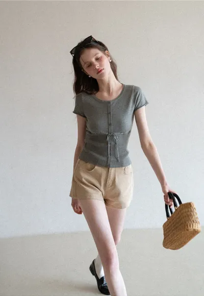 Short Sleeve Knit Cardigan with Front Buttons and Waist Tie
