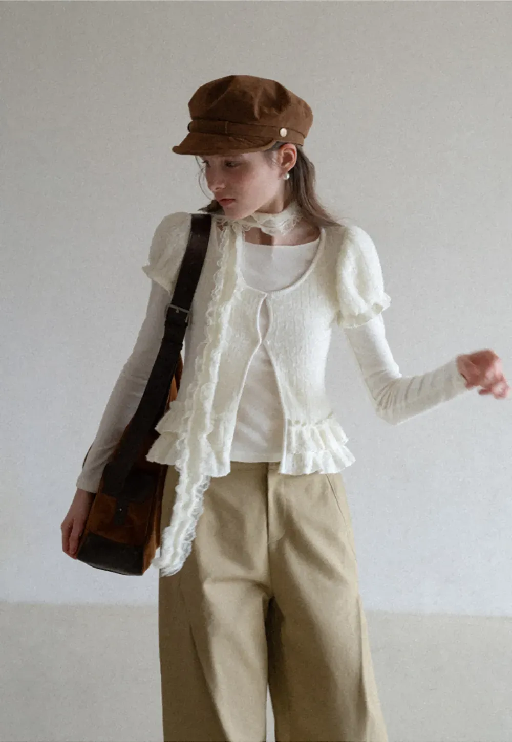 floral lace top with puffed sleeves and ruffled hem