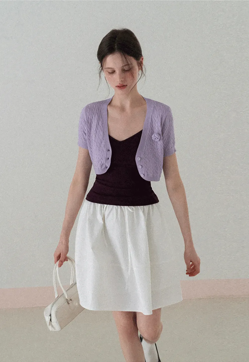 Short Sleeve Cable Knit Cardigan with Button Closure