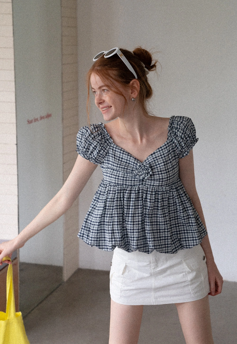 Women’s Gingham Puff Sleeve Peplum Blouse