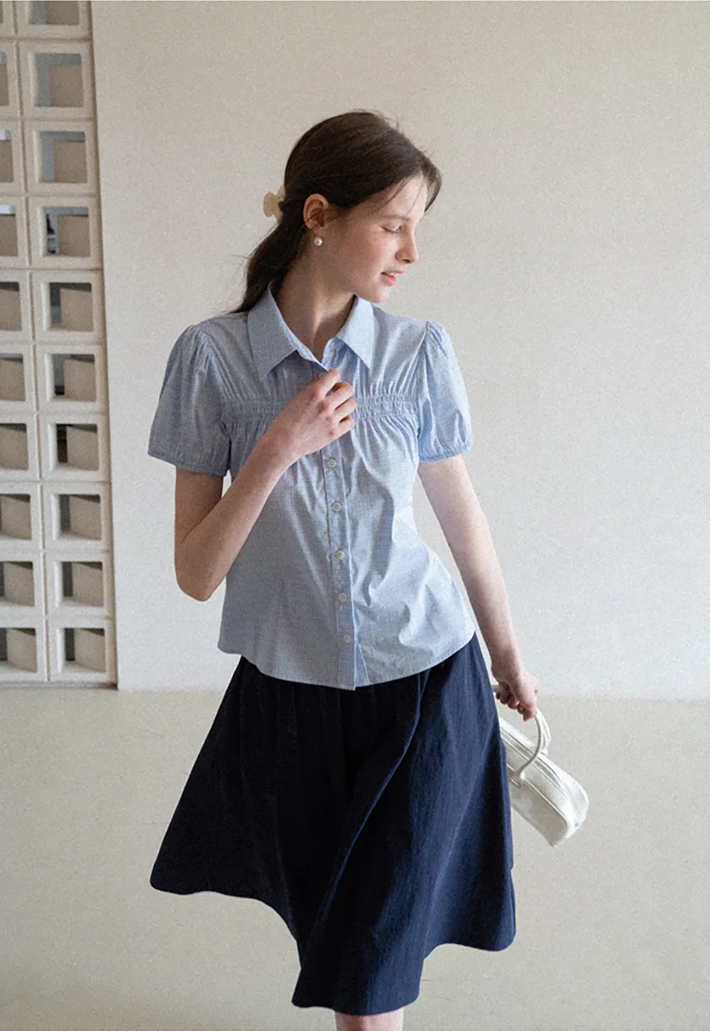 Short Sleeve Button Up Shirt with Pleated Detail