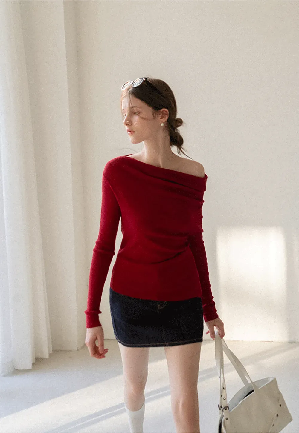 Elegant Off Shoulder Knit Top with Asymmetrical Design
