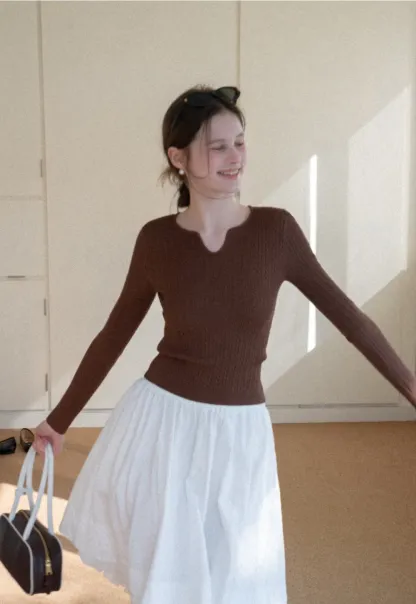 V Neck Cable Knit Sweater Top