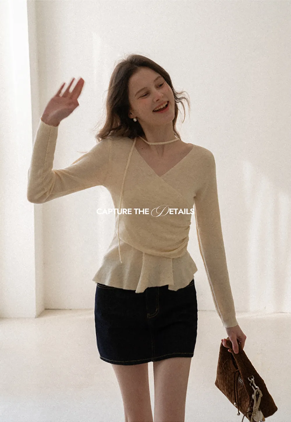 Long sleeve wrap knit sweater with ruched detail