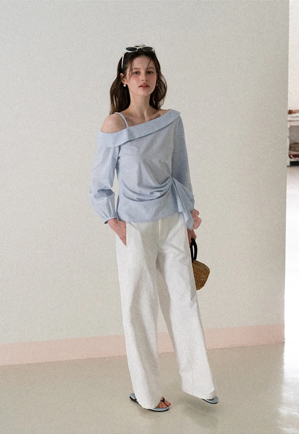 Off Shoulder Shirt with Ruched Sleeve Detail