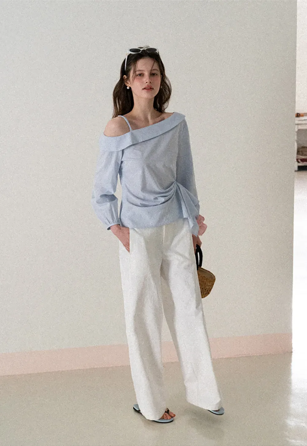 Off Shoulder Shirt with Ruched Sleeve Detail