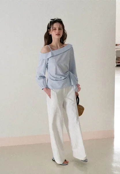 Off Shoulder Shirt with Ruched Sleeve Detail