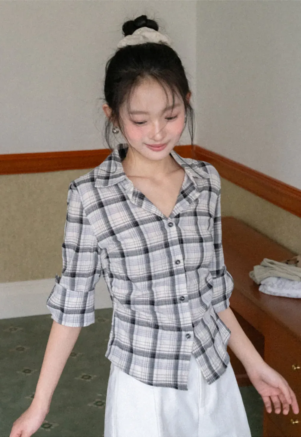 Plaid Shirt with Rolled Sleeves and Button Front