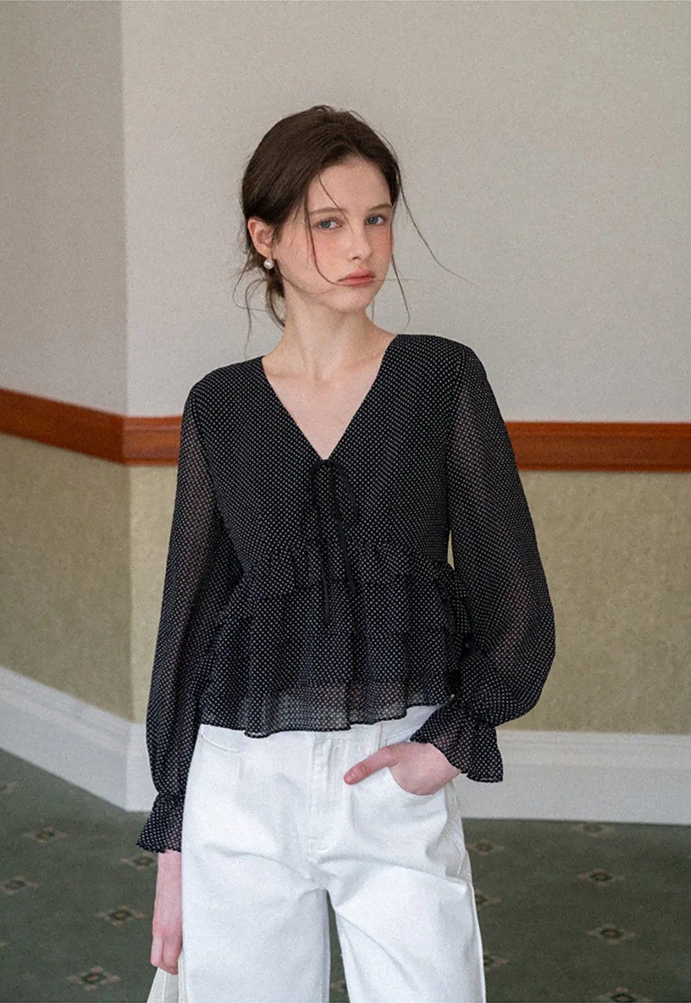 Polka Dot Sheer Blouse with Ruffled Hem and Tie Neck