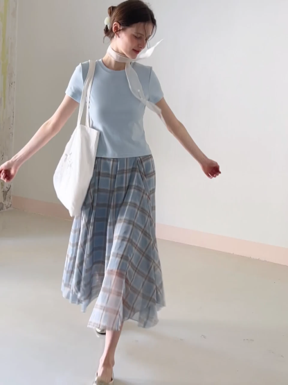 Short Sleeve Crew Neck T Shirt with Sheer Scarf Detail