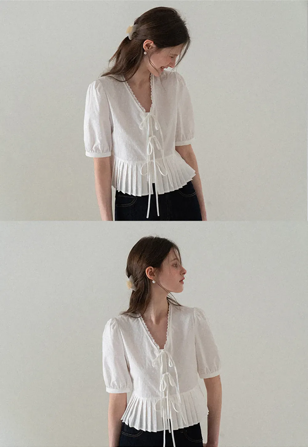 V neck short sleeve blouse with pleated hem and tie front