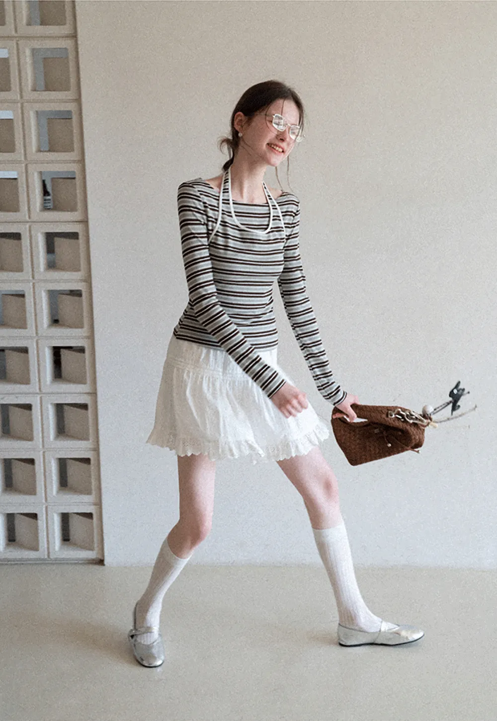 Long sleeve striped top with halter neck detail