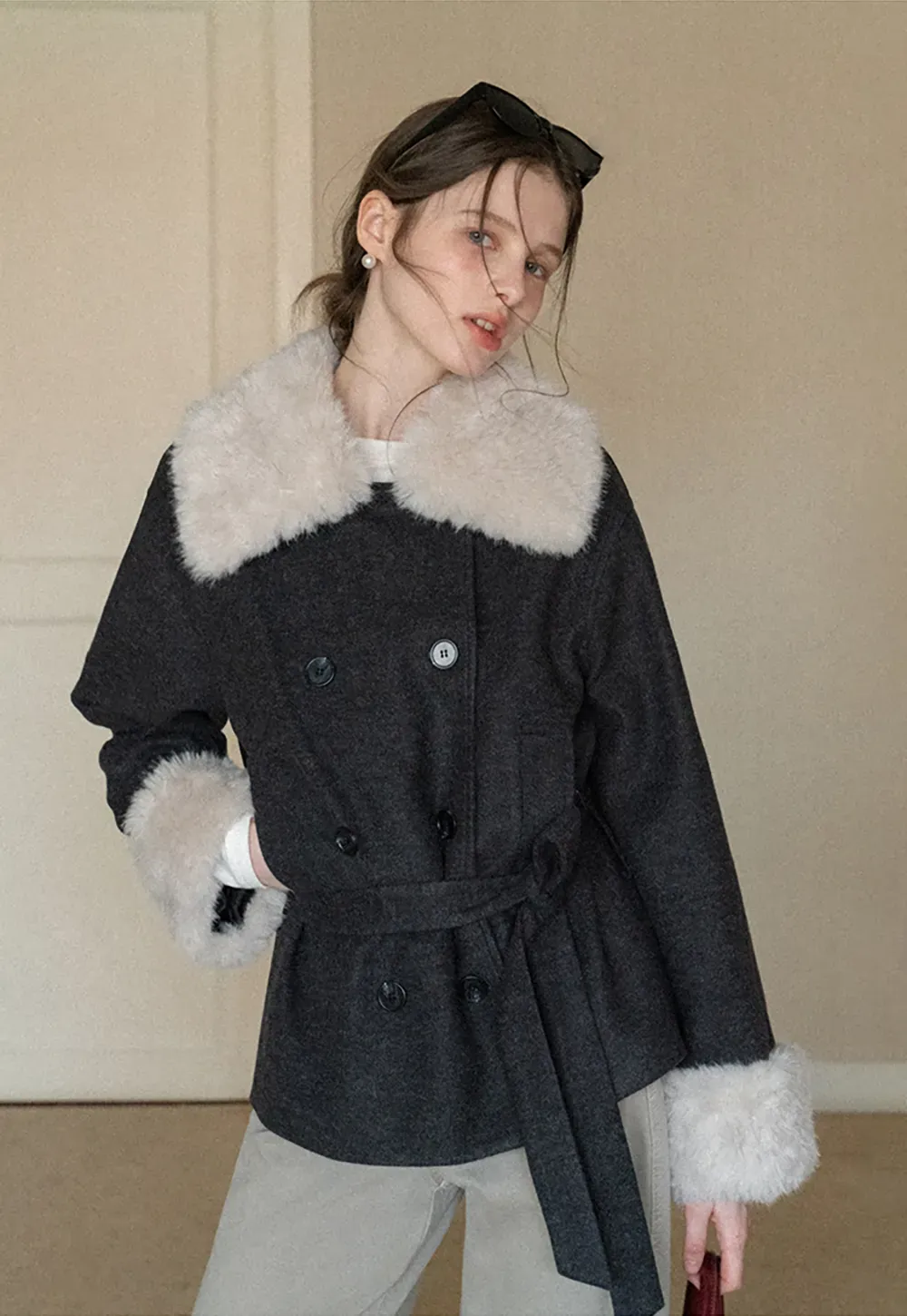 Wool Coat with Fur Collar and Cuff Belted Design