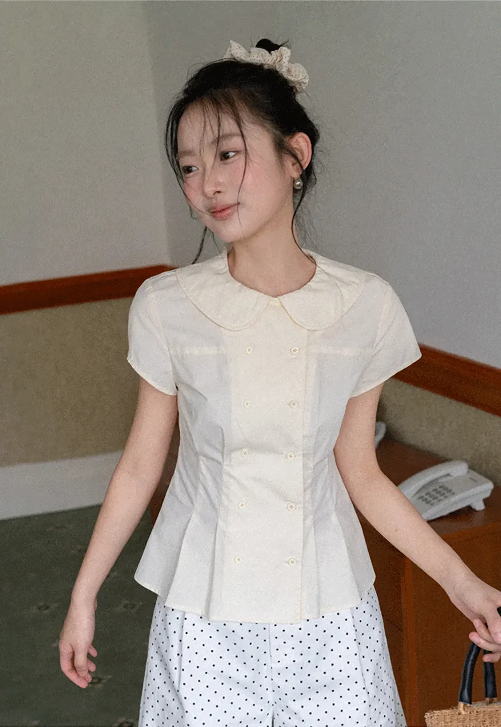 Short Sleeve Shirt with Peter Pan Collar and Peplum Hem