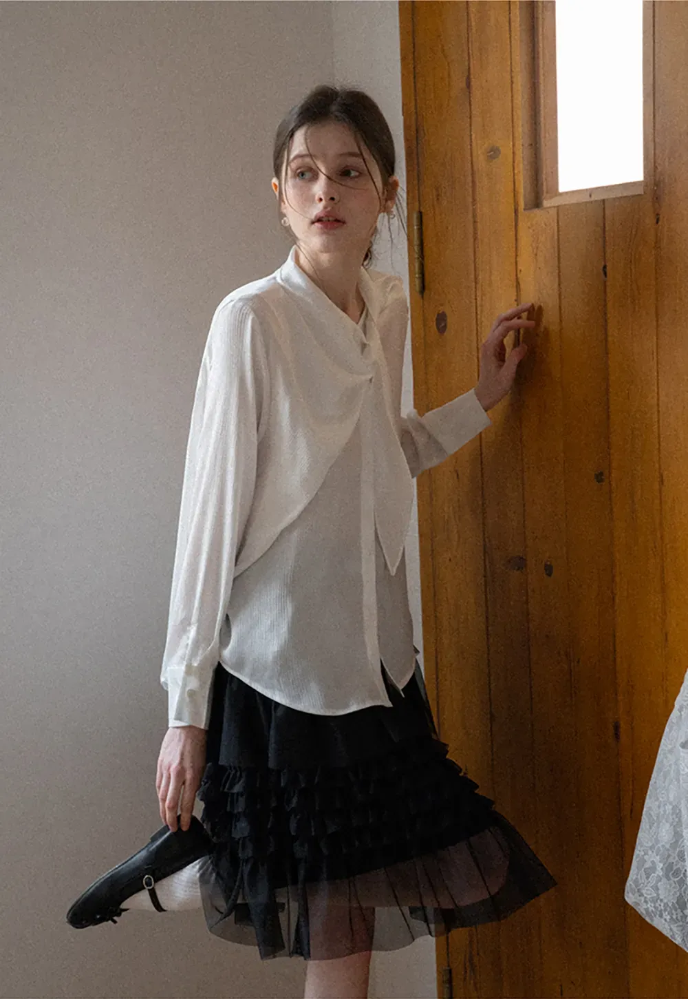 Ribbed Long Sleeve Shirt with Tie Neck Detail