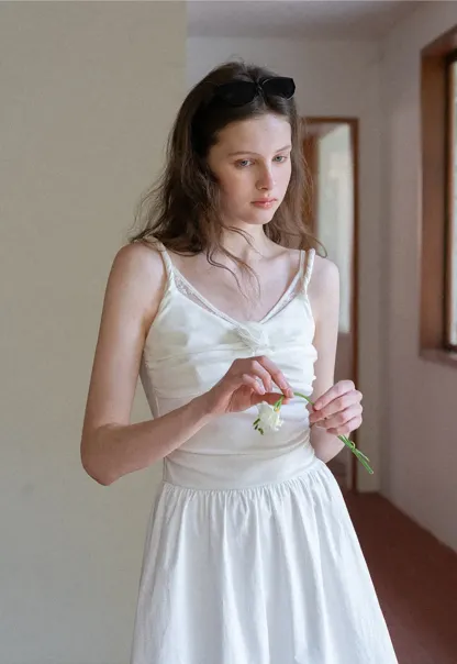 Sleeveless V Neck Midi Dress with Ruched Bodice