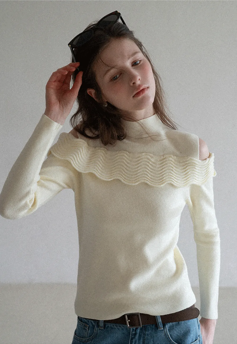 Elegant Off Shoulder Knit Sweater with Wave Detail