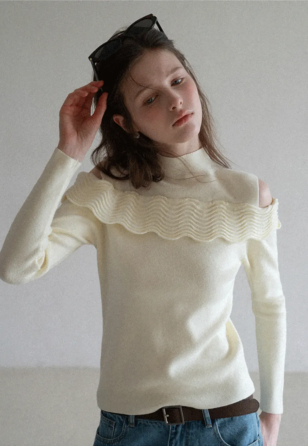 Elegant Off Shoulder Knit Sweater with Wave Detail