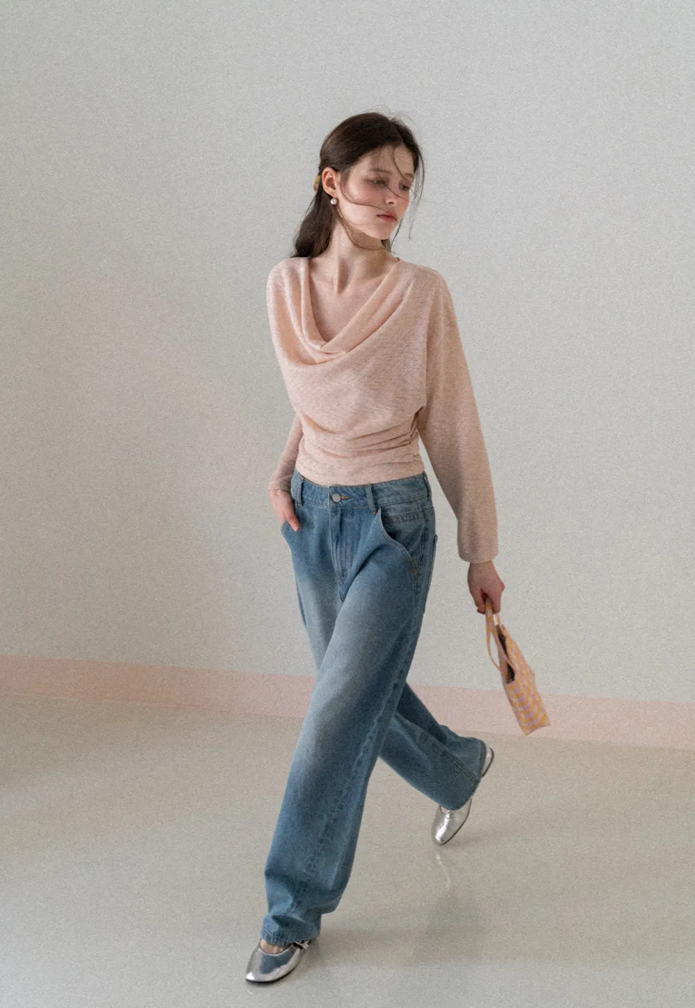 Long sleeve off shoulder draped knit top