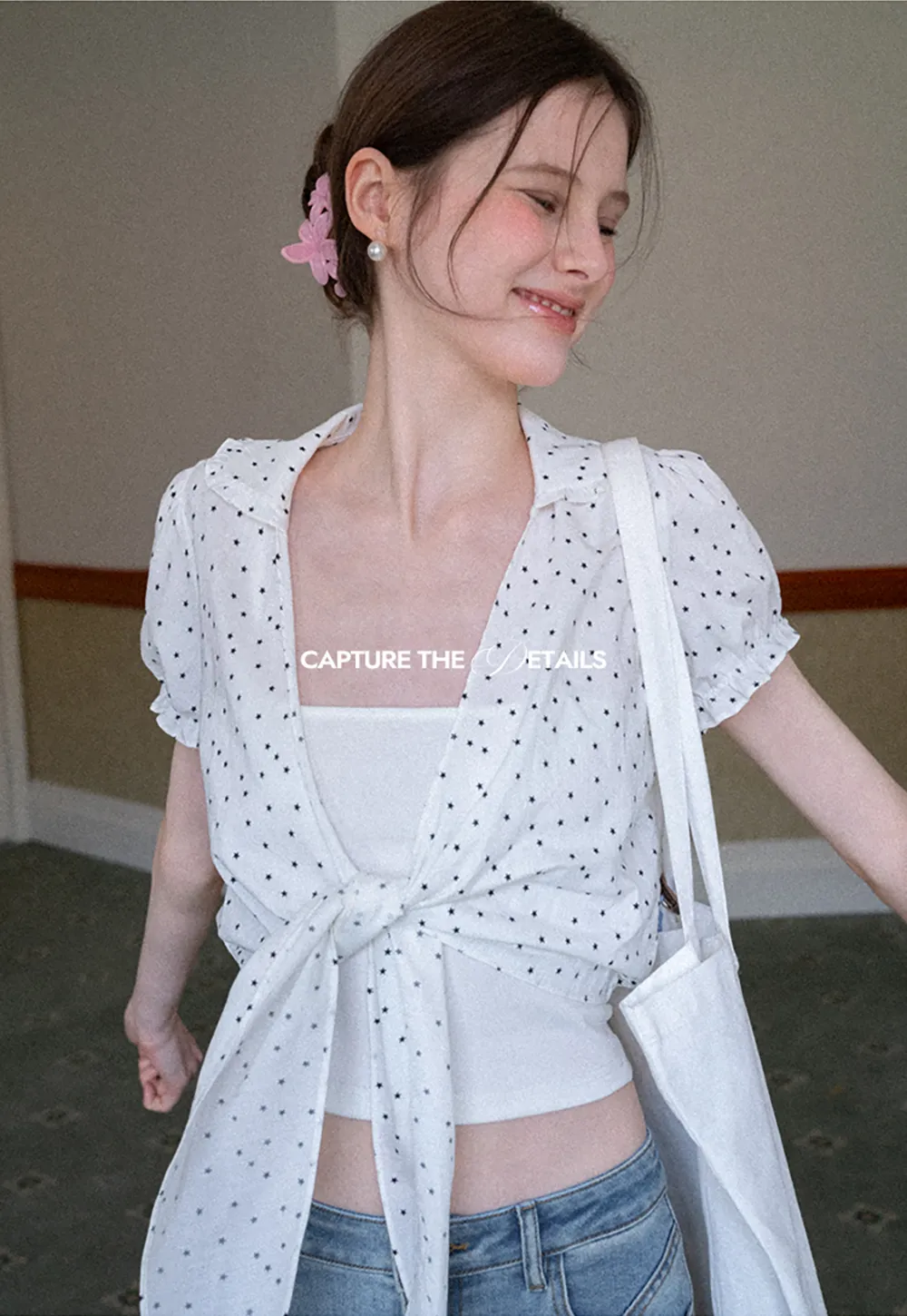 Polka dot short sleeve shirt with front tie detail