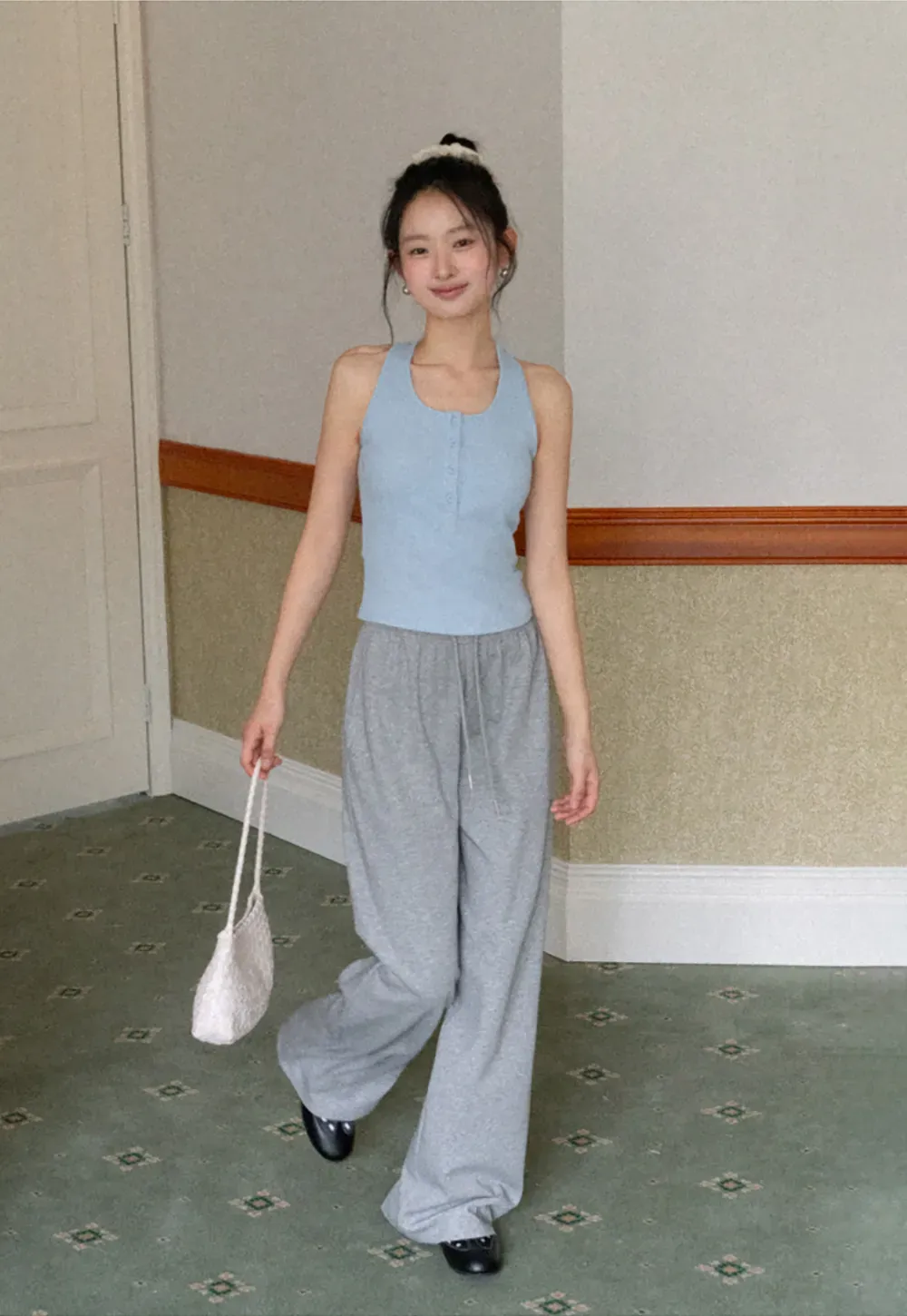 Sleeveless Halter Neck Top with Front Placket