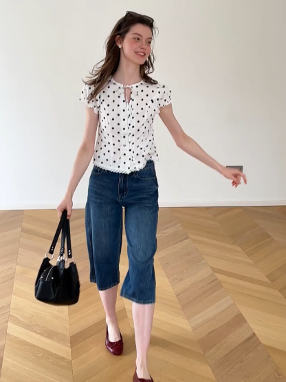 Polka Dot Print Lace Trim Short Sleeve Shirt