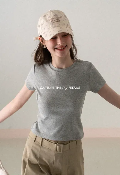 Short Sleeve Crew Neck T Shirt with Sheer Scarf Detail